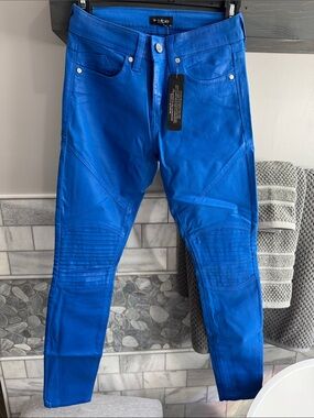 bebe Women’s  Skinny Coated Moto Jeans in Bright Blue